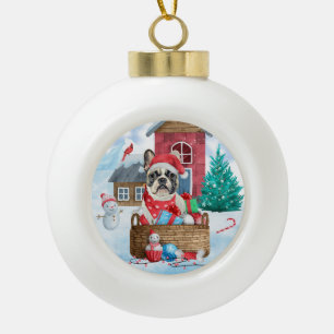 Boule En Céramique Chien à tête blanche dans la neige Maison de Chien