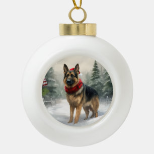 Boule En Céramique Chien berger allemand dans la neige de Noël