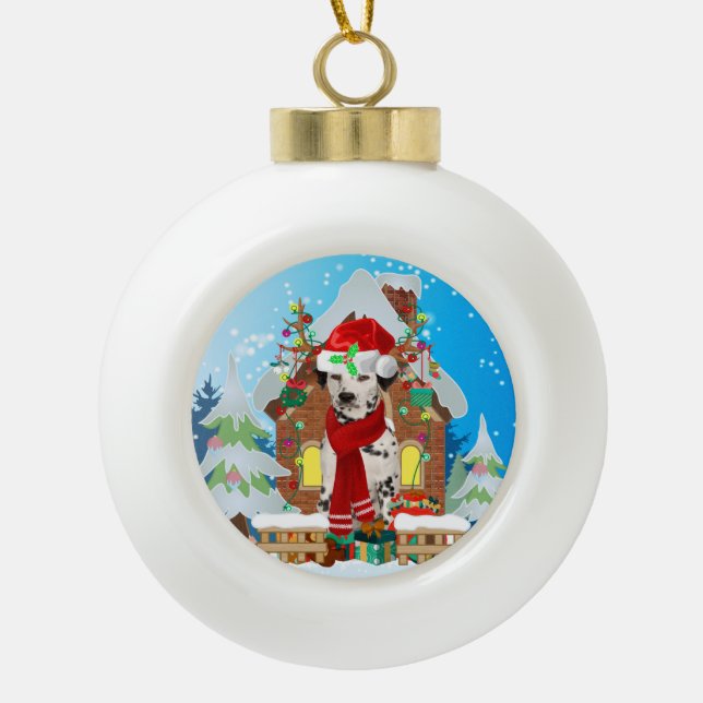 Boule En Céramique Chien dalmate avec cadeaux de Noël (Devant)