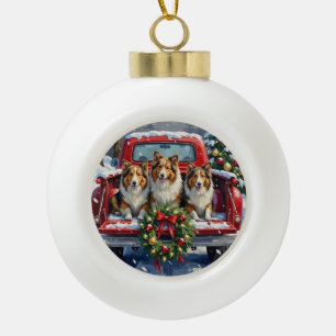 Boule En Céramique Chien de berger des Shetland camion rouge de Noël 