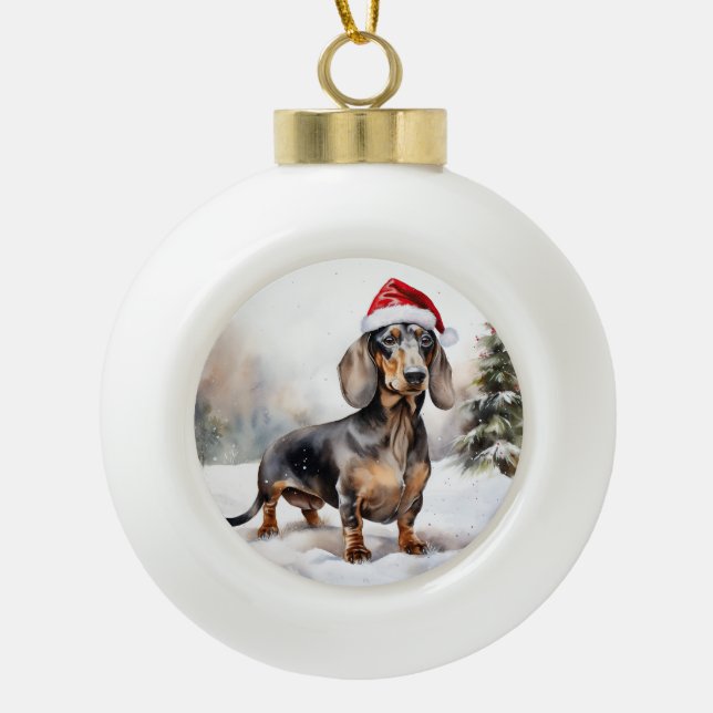 Boule En Céramique Chien de Dachshund à Noël de neige (Devant)