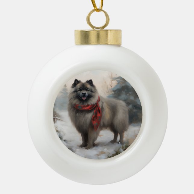 Boule En Céramique Chien de Keeshond à Noël de neige (Devant)