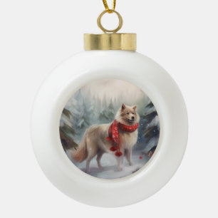 Boule En Céramique Chien de lappund finlandais à Noël de neige