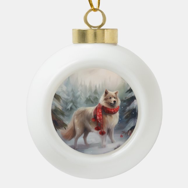 Boule En Céramique Chien de lappund finlandais à Noël de neige (Devant)
