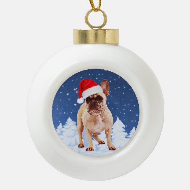 Boule En Céramique Chien de taureau français en Noël de neige avec Sa (Devant)