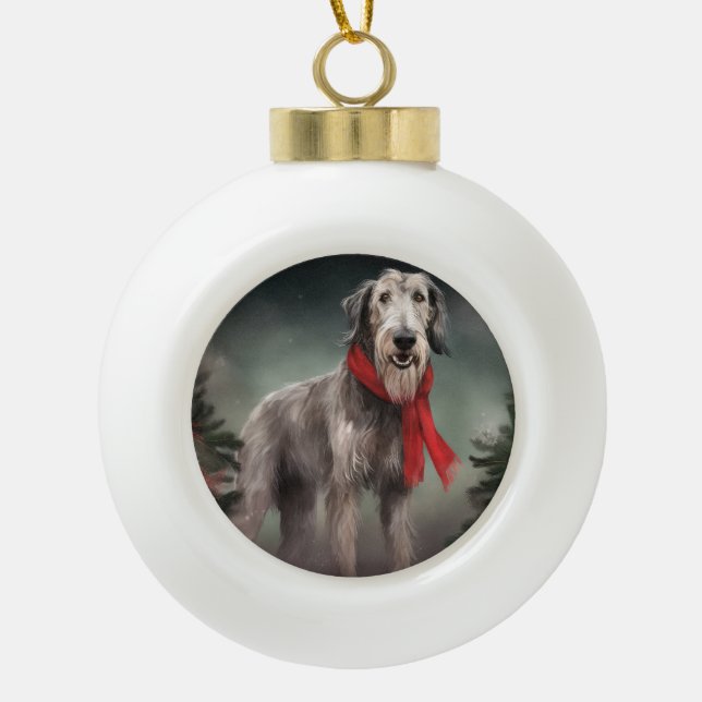 Boule En Céramique Chien de Wolfhound à Noël de neige (Devant)