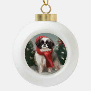 Boule En Céramique Chien Japonais Chin dans la neige de Noël 