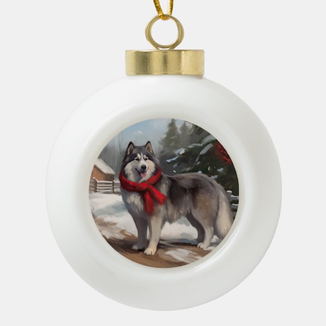 Boule En Céramique Chien malamué de l'Alaska en Noël de neige (Devant)