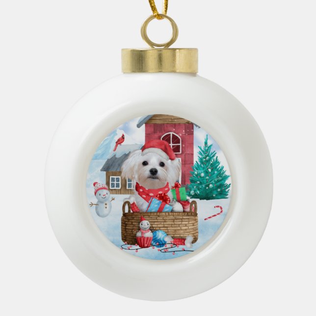 Boule En Céramique Chien maltais dans la neige Maison de Chien de Noë (Devant)