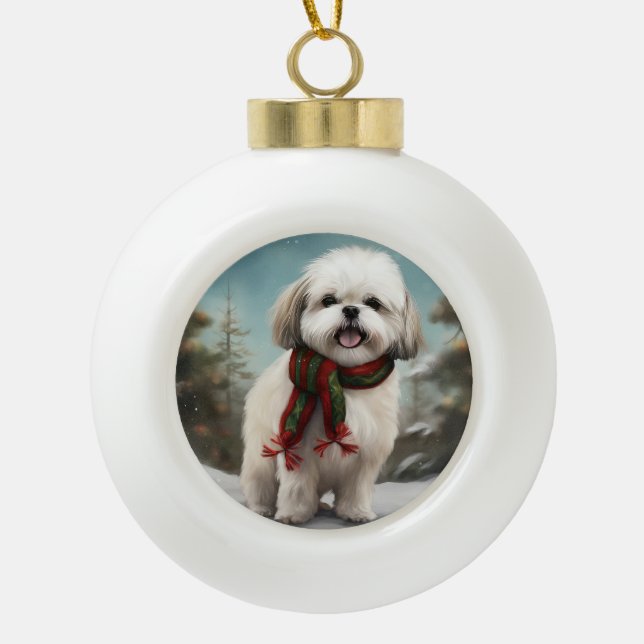 Boule En Céramique Chien Malti Tzu à Noël de neige (Devant)