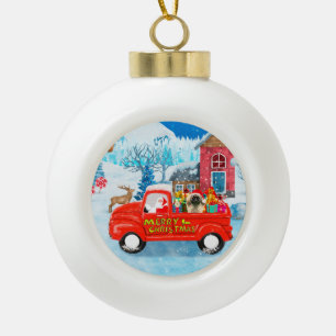 Boule En Céramique Chien Pekingese Livraison de Noël Camion Neige