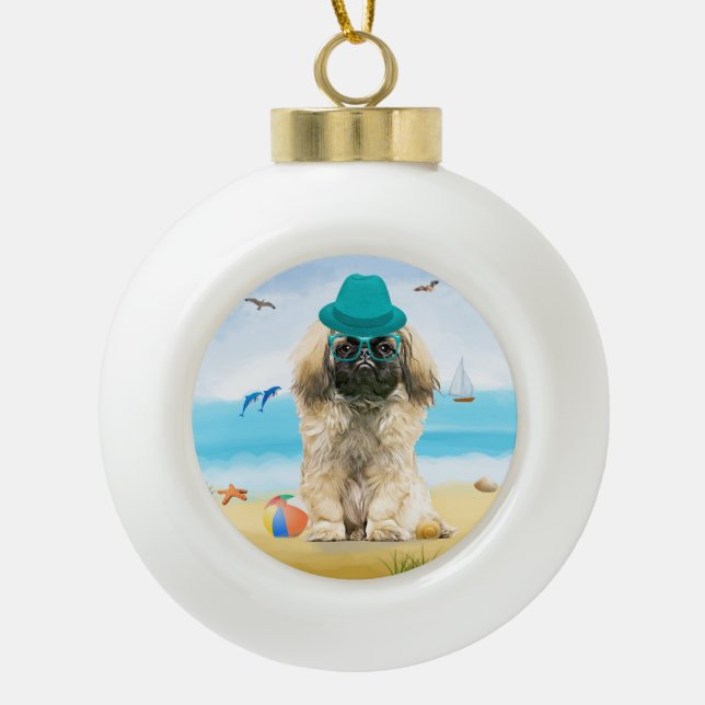 Boule En Céramique Chien pekingese sur la plage (Devant)