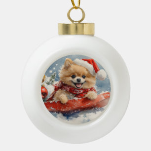 Boule En Céramique Chien Poméranien en Luge Laissez Tomber la Neige N