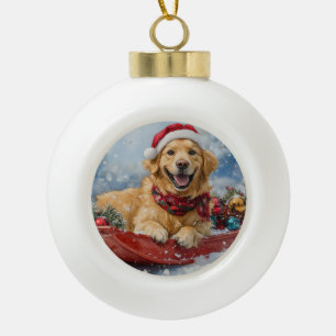 Boule En Céramique Chien Retriever Doré dans un Traîneau Neige Noël