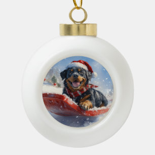 Boule En Céramique Chien Rottweiler en Luge Laissez Neiger Noël
