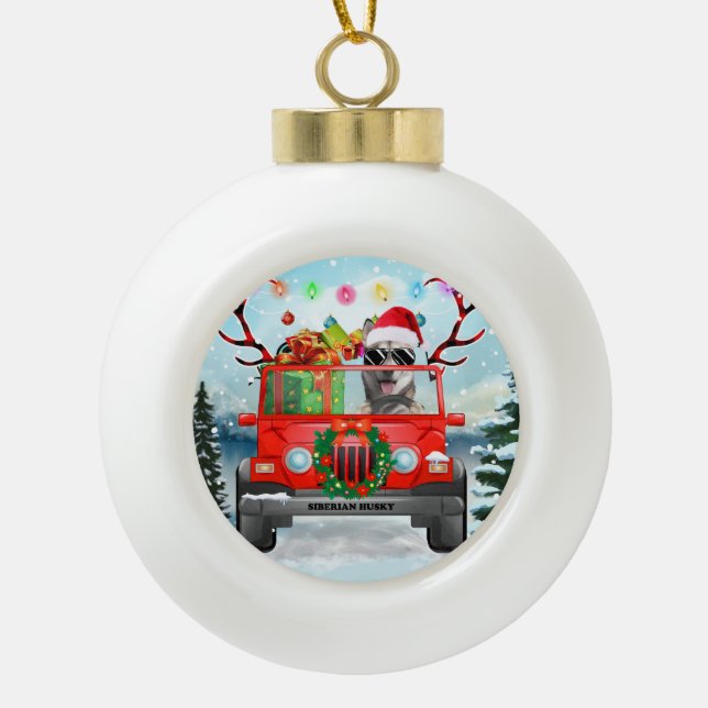 Boule En Céramique Chien sibérien Husky avec cadeaux de Noël (Devant)
