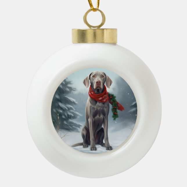 Boule En Céramique Chien Weimaraner à Noël de neige (Devant)