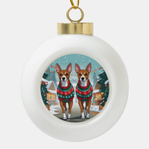 Boule En Céramique Chiens Basenji Noël Neige Vacances