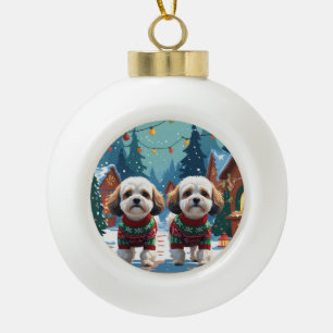 Boule En Céramique Chiens Bichon Frise Noël Neige Fêtes