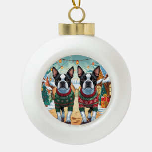 Boule En Céramique Chiens Boston Terrier Noël Neige Fêtes