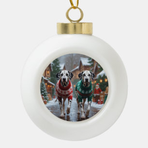 Boule En Céramique Chiens Dalmatiens Noël Neige Fêtes