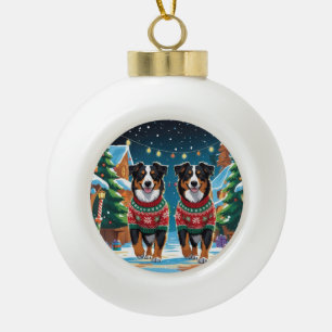 Boule En Céramique Chiens de berger australiens Noël Neige Vacances