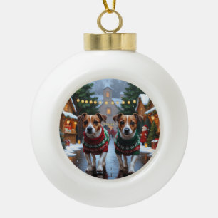 Boule En Céramique Chiens Jack Russell Noël Neige Fêtes