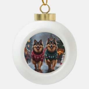 Boule En Céramique Chiens Keeshond Noël Neige Fêtes
