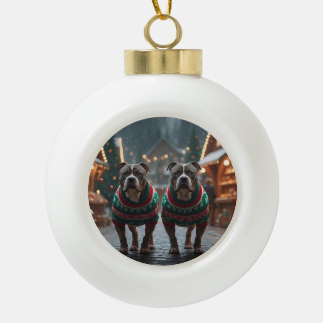 Boule En Céramique Chiens Pitbull Noël Neige Fêtes (Devant)