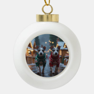 Boule En Céramique Chiens Rat Terrier Noël Neige Fêtes