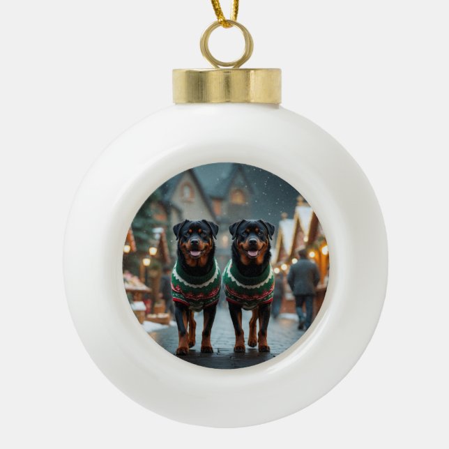 Boule En Céramique Chiens Rottweiler Noël Neige Fêtes (Devant)