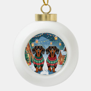Boule En Céramique Chiens teckel Noël Neige Vacances