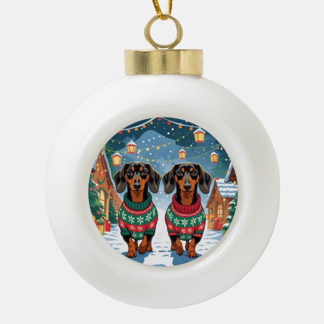 Boule En Céramique Chiens teckel Noël Neige Vacances (Devant)