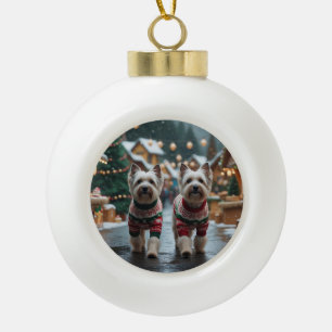 Boule En Céramique Chiens Terrier Tibétain Noël Neige Fêtes