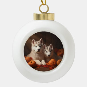 Boule En Céramique Chiots Husky Sibérien Délice d'Automne Citrouille