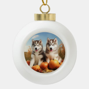 Boule En Céramique Chiots Malamute d'Alaska Délice d'Automne Citrouil