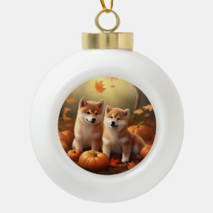 Boule En Céramique Chiots Shiba Inu Délice d'Automne Citrouille