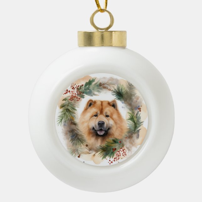 Boule En Céramique chow chow Christmas Wreath Festive Pup (Devant)