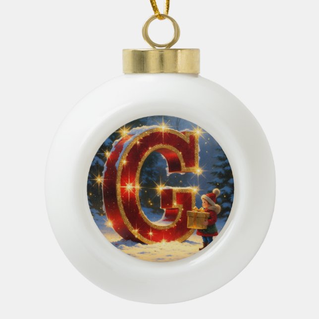 Boule En Céramique Christmas Letter G Ornament | Red Gold Monogram (Devant)