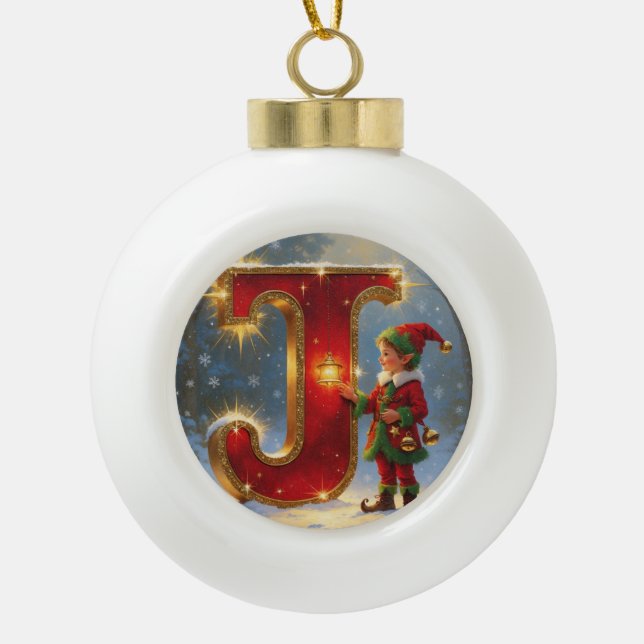 Boule En Céramique Christmas Letter J Ornament | Red Gold Monogram (Devant)