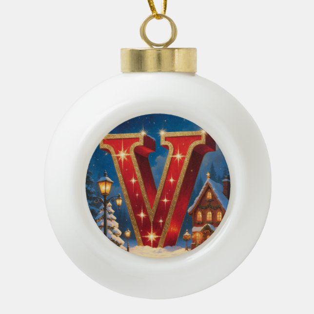 Boule En Céramique Christmas Letter V Ornament | Red Gold Monogram (Devant)