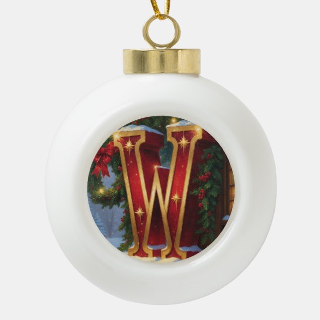 Boule En Céramique Christmas Letter W Ornament | Red Gold Monogram (Devant)