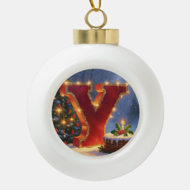 Boule En Céramique Christmas Letter Y Ornament | Red Gold Monogram (Devant)