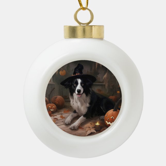 Boule En Céramique Citrouilles Border Collie Halloween Épouvantable  (Devant)