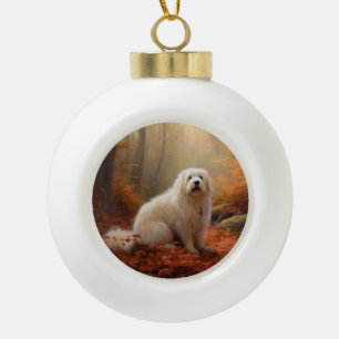 Boule En Céramique Coton De Tulear dans les feuilles d'automne qui to