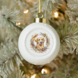 Boule En Céramique Couronne de Noël au Golden Retriever Chien de fête