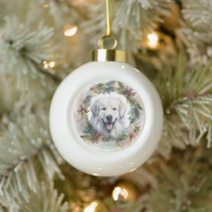Boule En Céramique Couronne de Noël des Pyrénées majestueuses Chien d