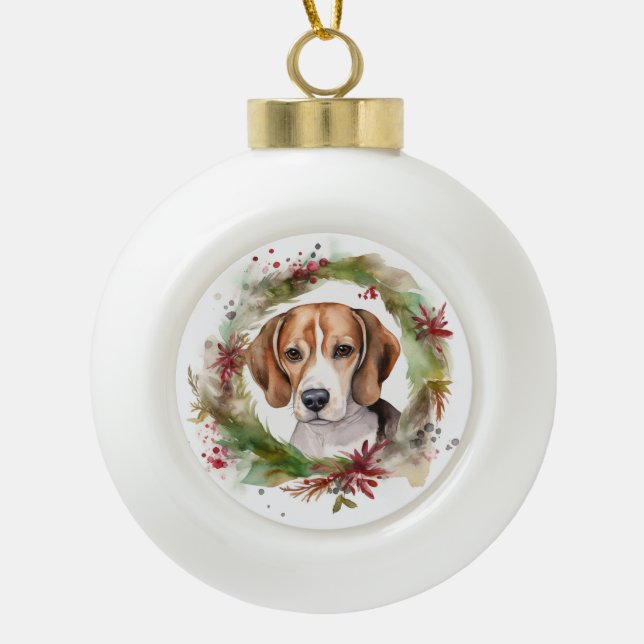 Boule En Céramique Couronne de Noël festive de Beagle (Devant)