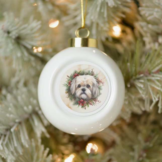 Boule En Céramique Couronne de Noël festive Lhasa Apso (Arbre)