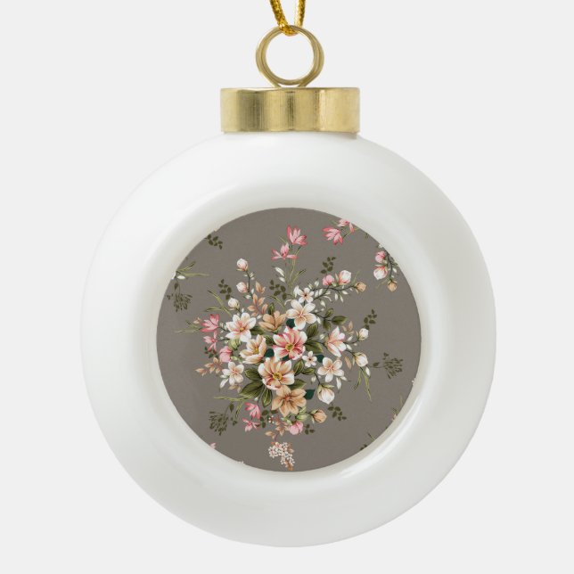 Boule En Céramique Crème, fleurs roses sur gris. (Devant)